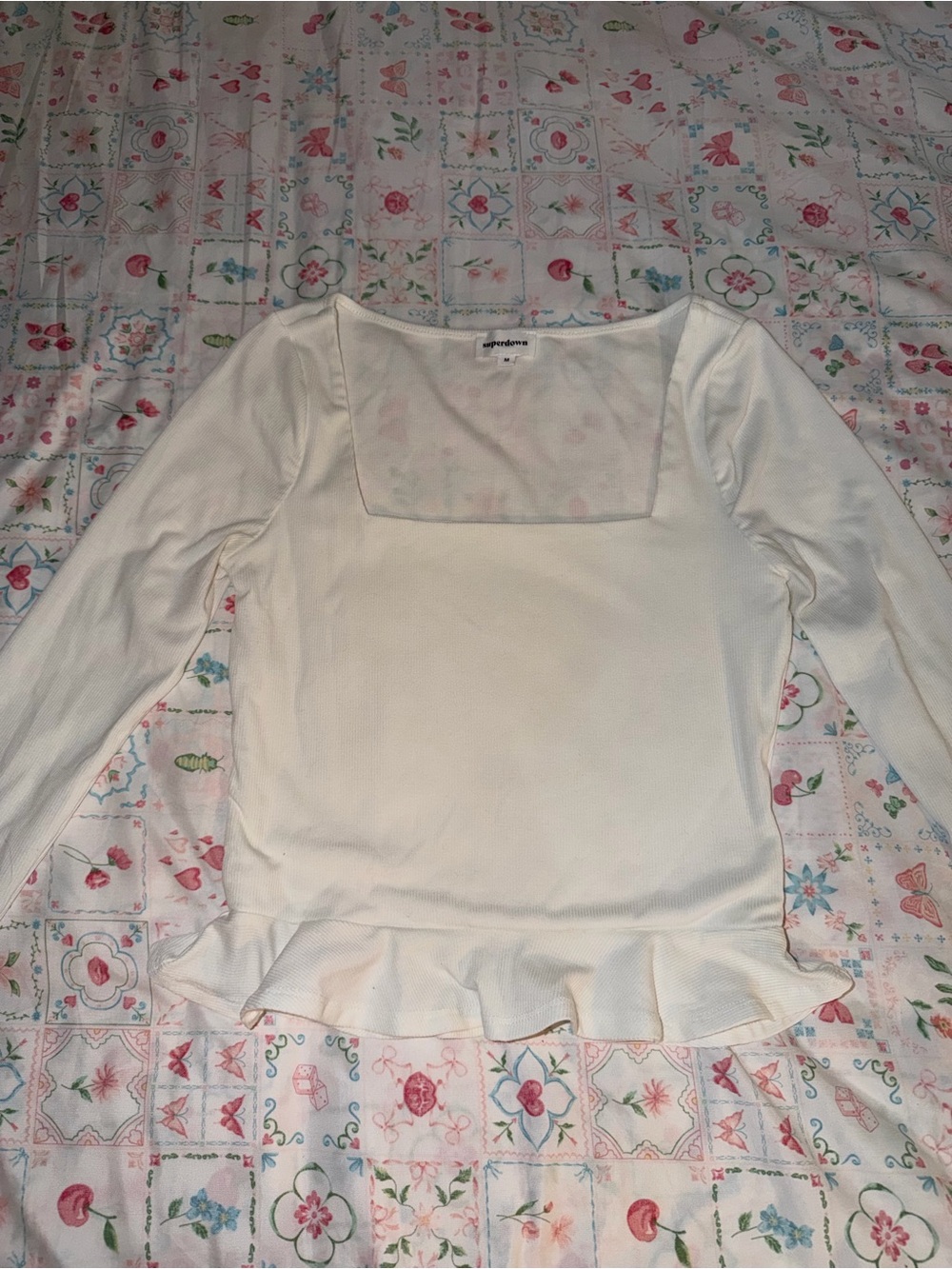 superdown ivory Square-Neck Ruffle Hem Long-Sleeve Top